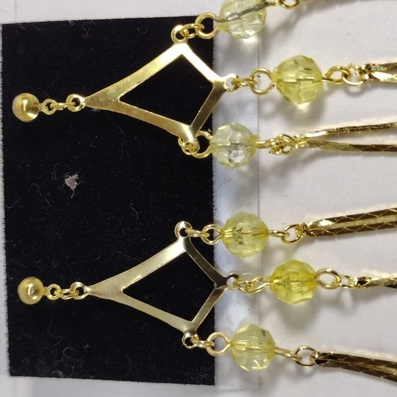 Gold-Tone Chandelier Drop Earrings – 3" Yellow Beaded Fringe Statement Jewelry - Picture 5 of 8